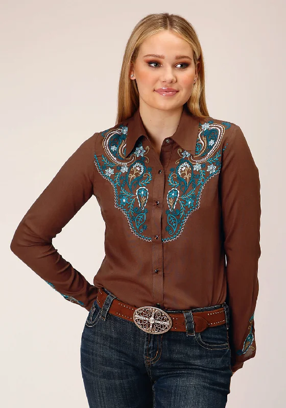 Women's Chic Outerwear Garments Roper Womens Paisley Yokes Brown 100% Rayon L/S Shirt