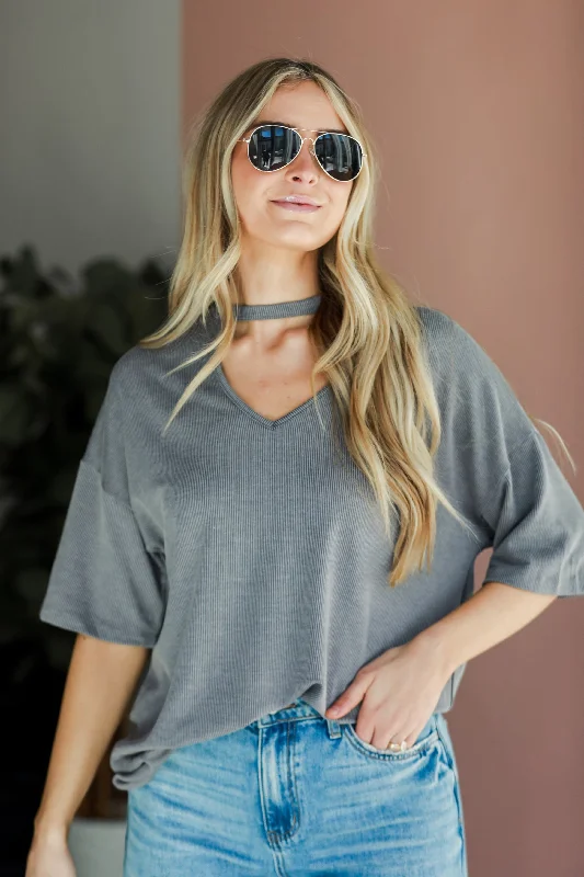 Women's Clothing And Garments Sets FINAL SALE - Teagan Grey Ribbed Cutout Tee - DU DEAL