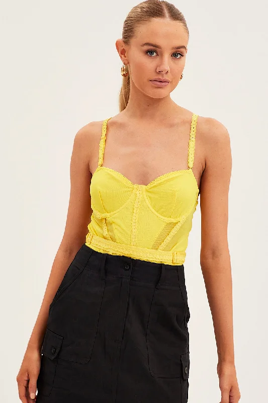 Women's Evening Outfit Yellow Belts Decor Mesh One Piece Bodysuit