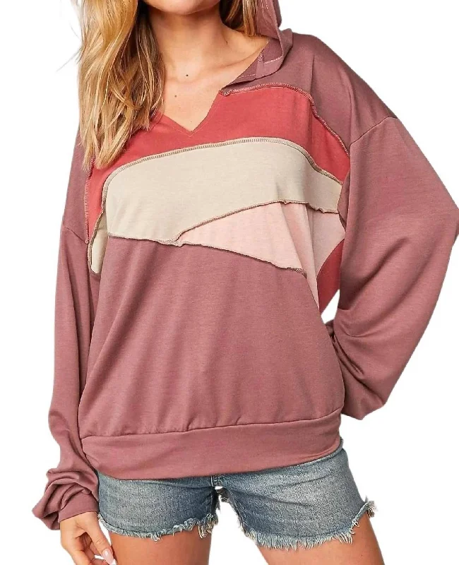 Women's Online Boutique Colorblock Vneck Hoodie In Mauve