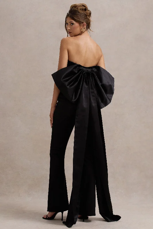 Women's Stylish Casual Garments Sweet Escape | Black Satin Crop Top With Oversized Satin Bow