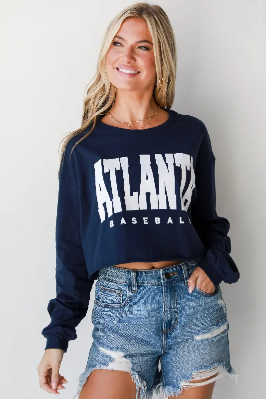 Women's Seasonal Apparel Navy Atlanta Baseball Cropped Long Sleeve Tee