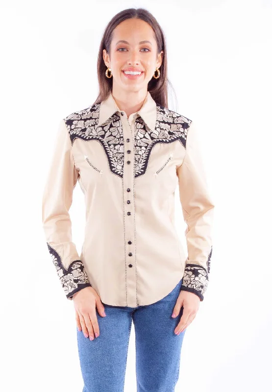 Women's Functional Outdoor Garments Scully Womens Embroidered Floral Tan Poly/Rayon L/S Shirt