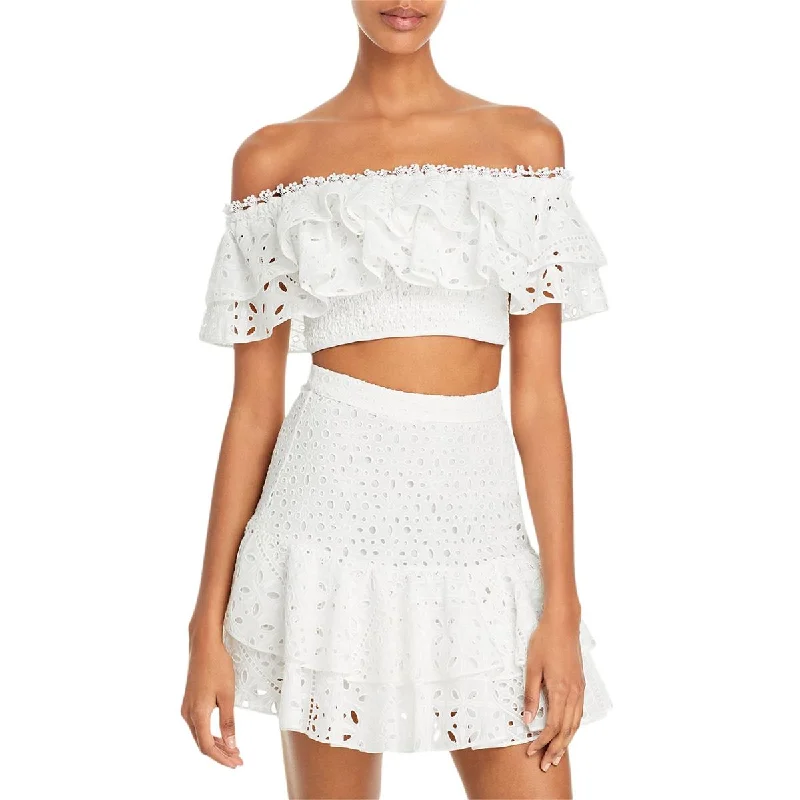 Comfortable Clothes Barbara Womens Eyelet Ruffled Crop Top
