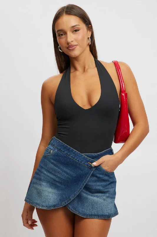 Casual Attire For Women Black Halter Bodysuit Supersoft