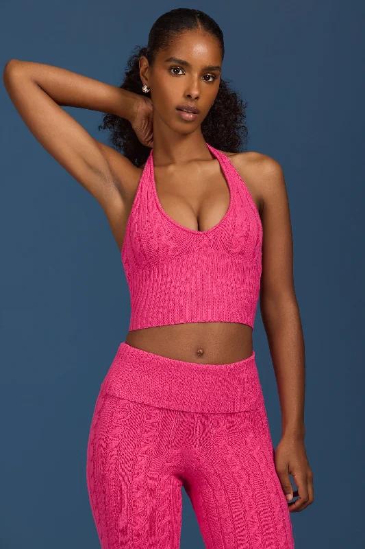 Boho Chic Fashion Cable-Knit Halterneck Crop Top in Hot Pink