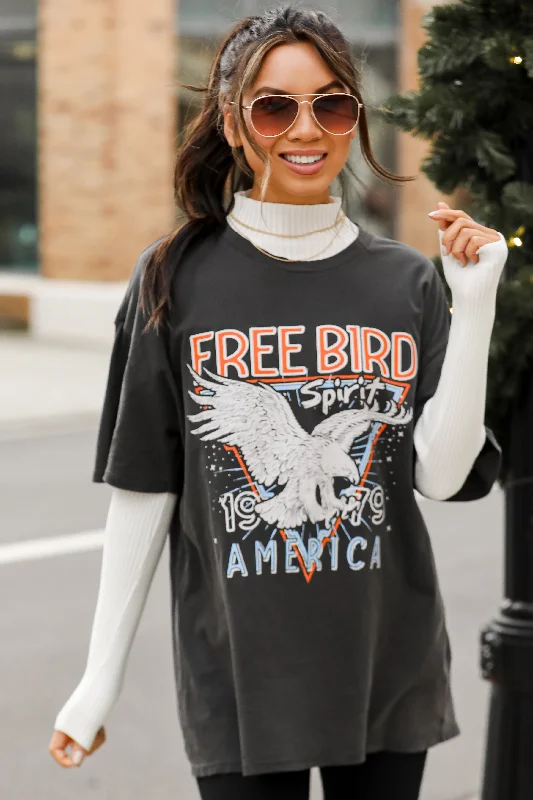 Women's Everyday Garments FINAL SALE - Charcoal Free Bird Spirit Oversized Graphic Tee