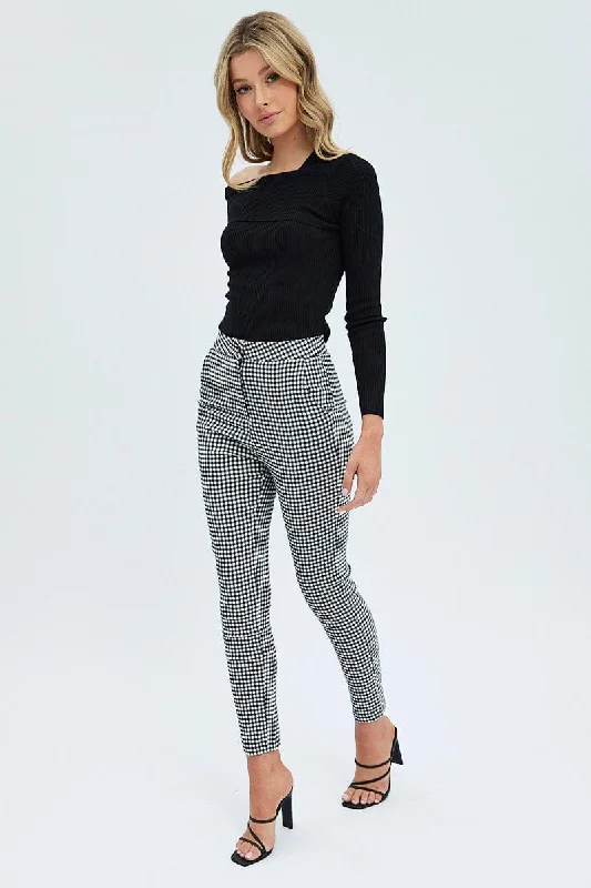 Casual Women's Clothing Grey Check Leggings High Rise