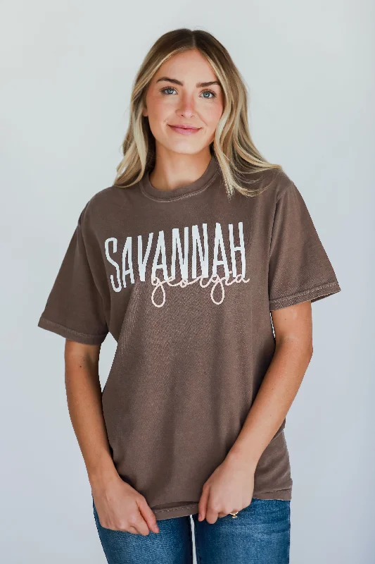 Women's Trendy Attire Brown Savannah Georgia Script Tee