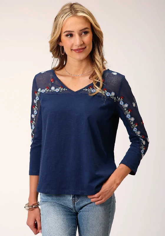 Women's Evening Attire Roper Womens Floral Slub Jersey Navy 100% Cotton 3/4 Sleeve S/S Tunic