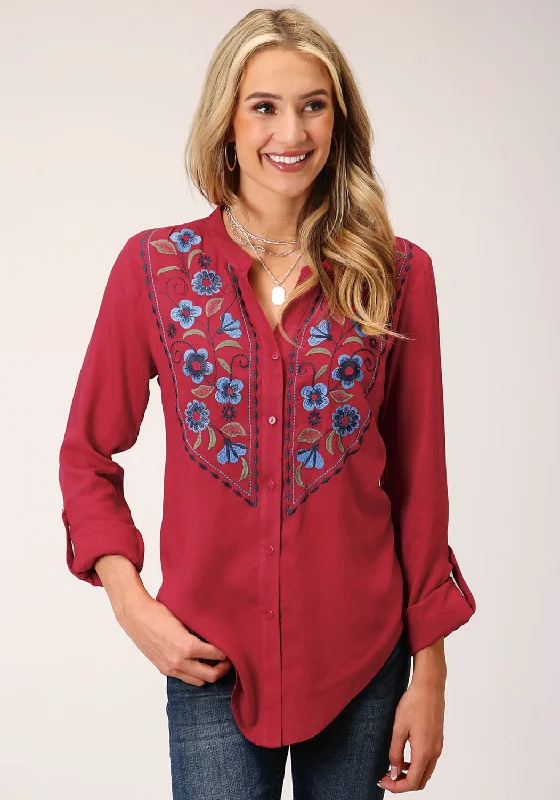 Women's Office Outfit Roper Womens Raspberry Challis Red Rayon/Nylon L/S Blouse