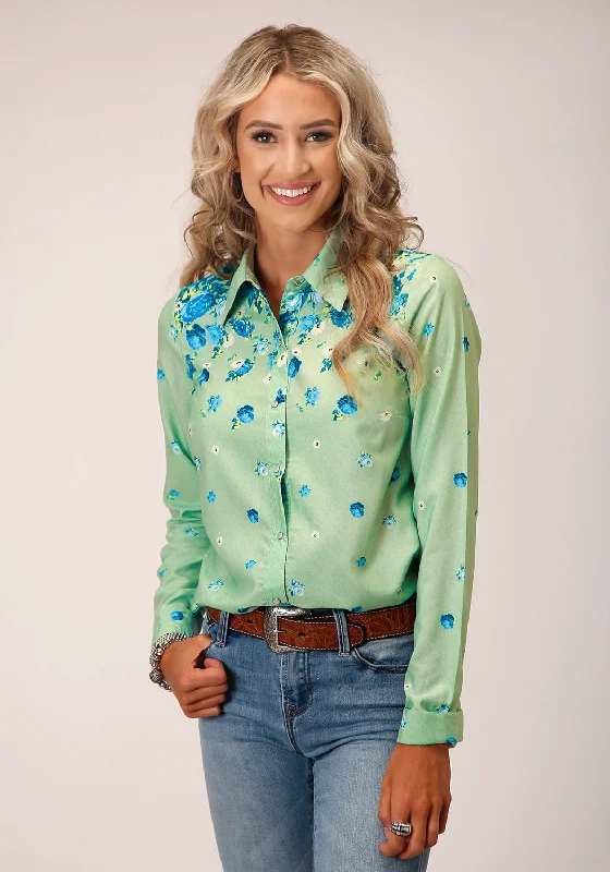 Women's Luxury Garments Roper Womens 1545 Summer Floral Green 100% Polyester L/S Shirt