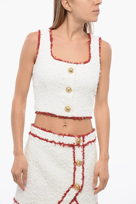Big Savings Balmain Eyelash Crop Top With Logoed Buttons