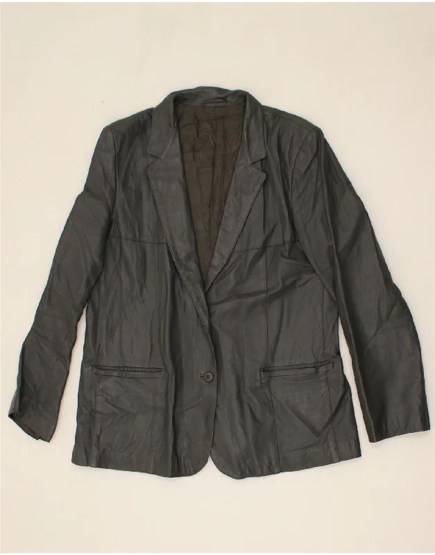 Earthy Tones VINTAGE Womens Leather 1 Button Blazer Jacket IT 48 XL Grey Leather