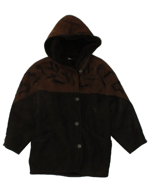 Women's Clothing Outfit Set GIAMAX Womens Hooded Jacket UK 14 Medium Brown Colourblock Shearling