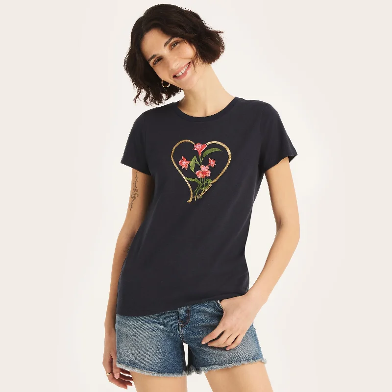 Low Price Special Nautica Womens Sustainably Crafted Glitter Hearted Flowers Graphic T-Shirt