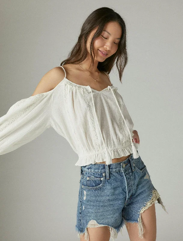 Essentials On Sale Lucky Brand Womens Cold Shoulder Lace Top
