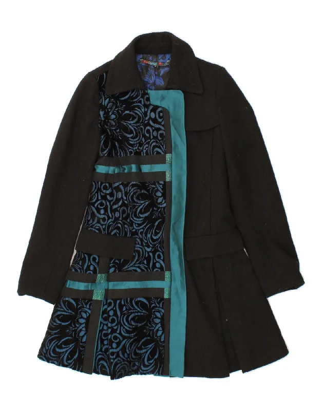 Women's Elegant Outfit DESIGUAL Womens Overcoat EU 36 Small Black Floral Polyester