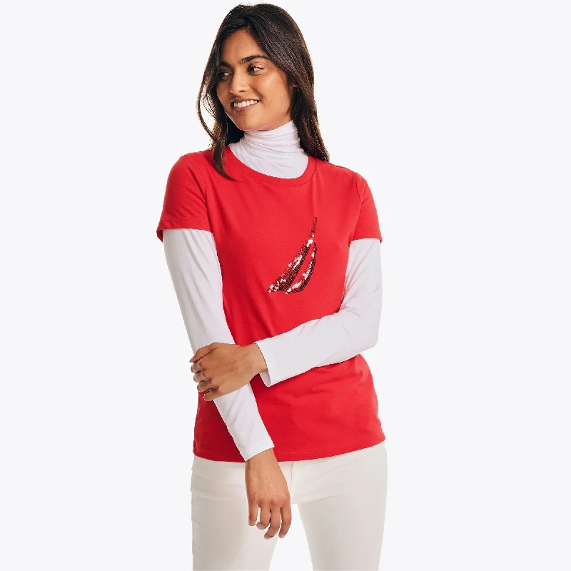 Sporty Fashion Offers Nautica Womens Sequin Logo Graphic T-Shirt