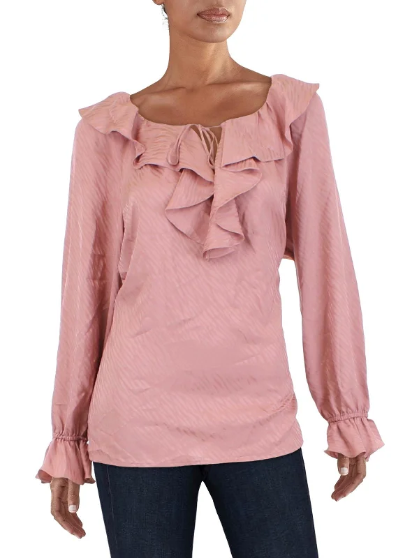 Hot Styles Tonal Wave Womens Ruffled Jacquard Blouse
