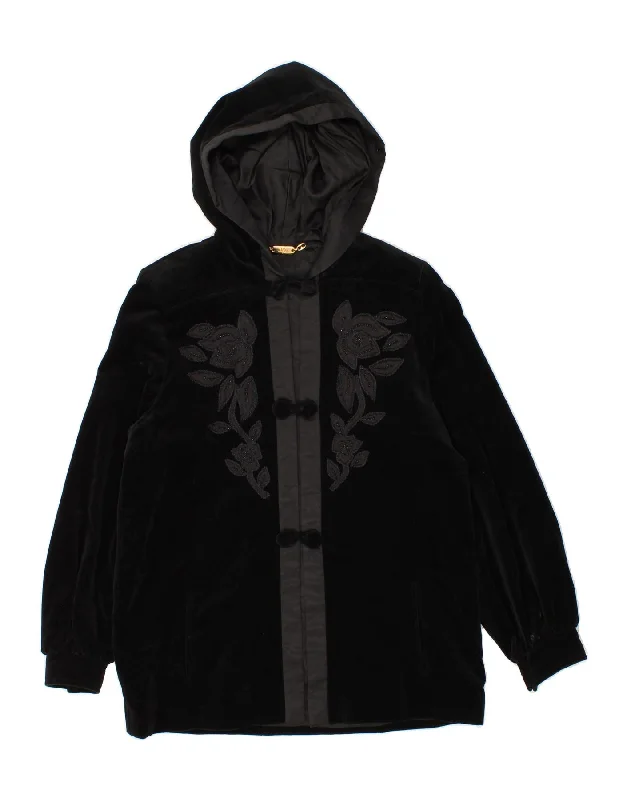 Women's Contemporary Apparel OLGA MENASCI Womens Hooded Overcoat IT 48 XL Black Floral Cotton