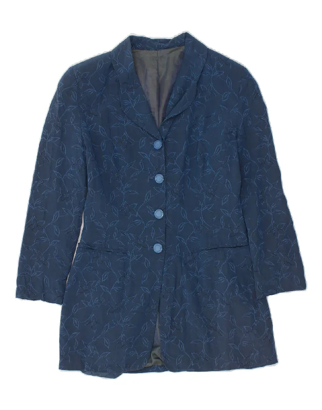 Boho Chic Fashion VINTAGE Womens Longline 4 Button Blazer Jacket UK 8 Small Navy Blue Floral