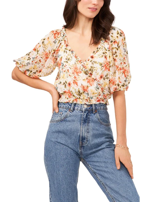 Hot Trends Womens Floral Print Cross-Front Pullover Top