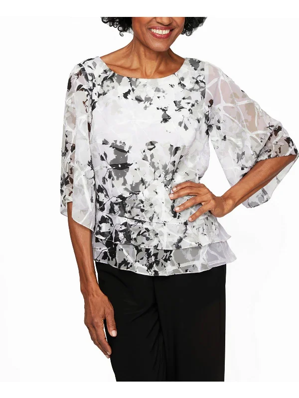 Fashion Essentials Petites Womens Printed Tiered Blouse