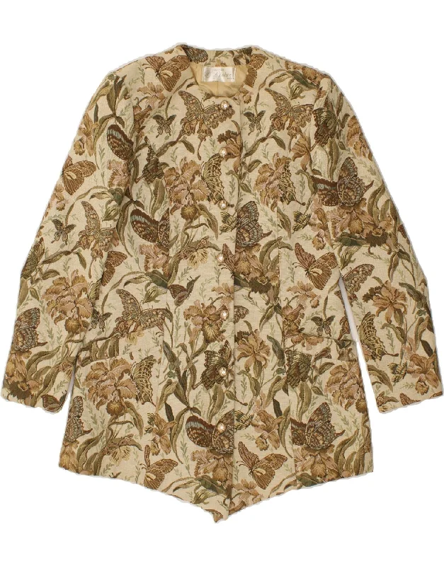 Women's High-Fashion Outfit VINTAGE Womens 7 button Blazer Jacket UK 14 Medium Beige Floral