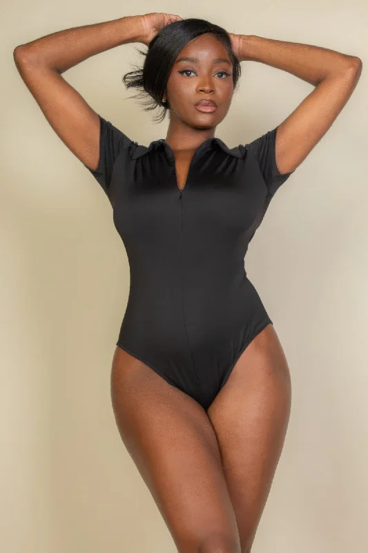 Relaxed Style FASHNZFAB Women's Zip Front Short Sleeve Bodysuit