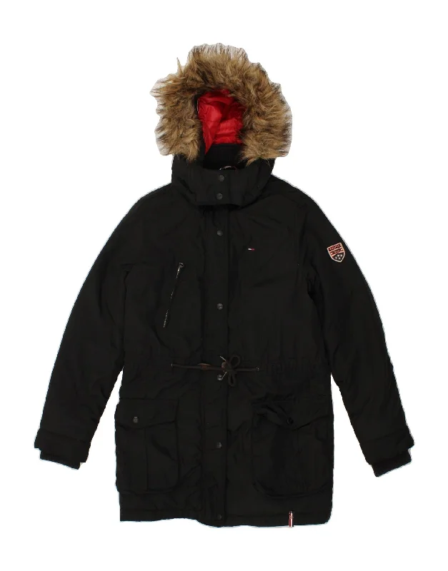 Edgy Fashion TOMMY HILFIGER Womens Hooded Parka Jacket UK 14 Medium Black Polyester