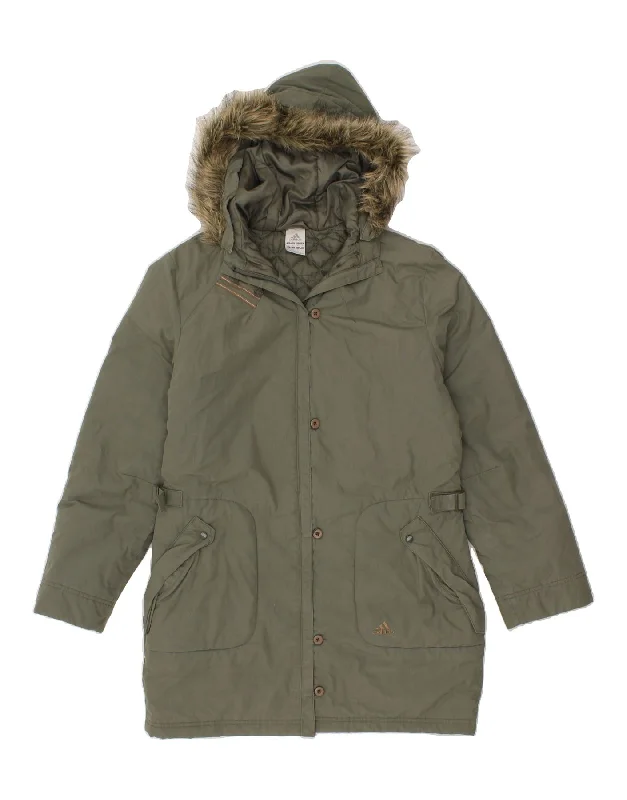 Rocker Chic Fashion ADIDAS Womens Hooded Overcoat UK 14 Large Khaki Polyester