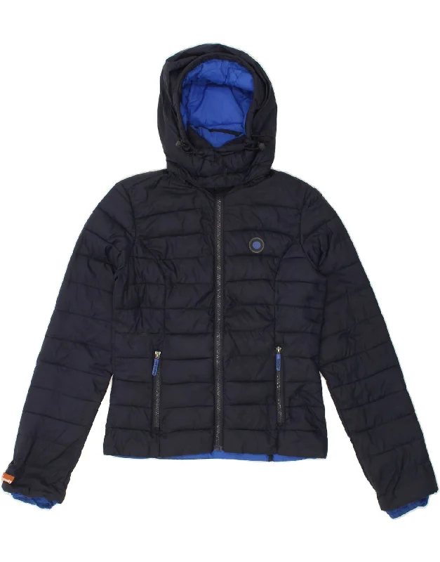 Women's Holiday Attire SUPERDRY Womens Hooded Padded Jacket UK 6 XS Navy Blue Nylon