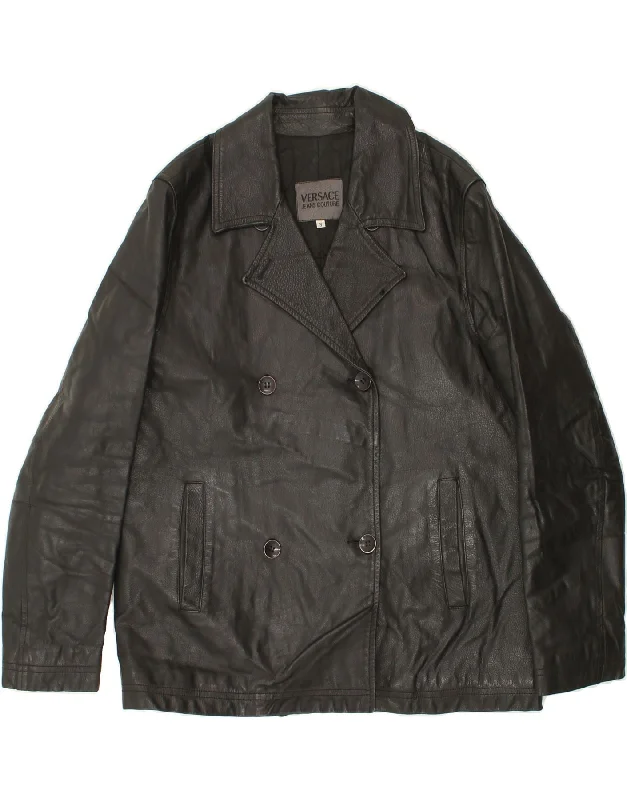 End Of Season Sale Clothing VERSACE Womens Double Breasted Leather Jacket UK 10 Small Black Leather