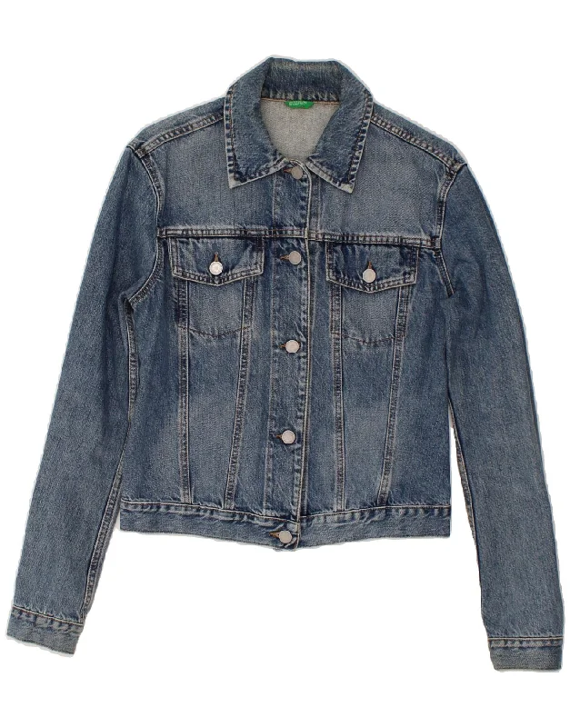 Fashion Essentials BENETTON Womens Crop Denim Jacket UK 12 Medium Blue