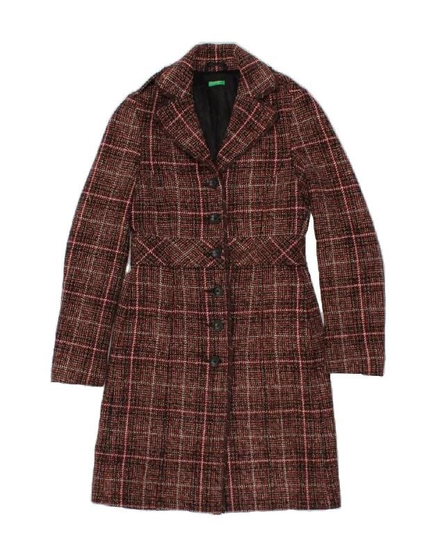 Shop Ladies Clothes BENETTON Womens Overcoat IT 38 XS Multicoloured Check Acrylic