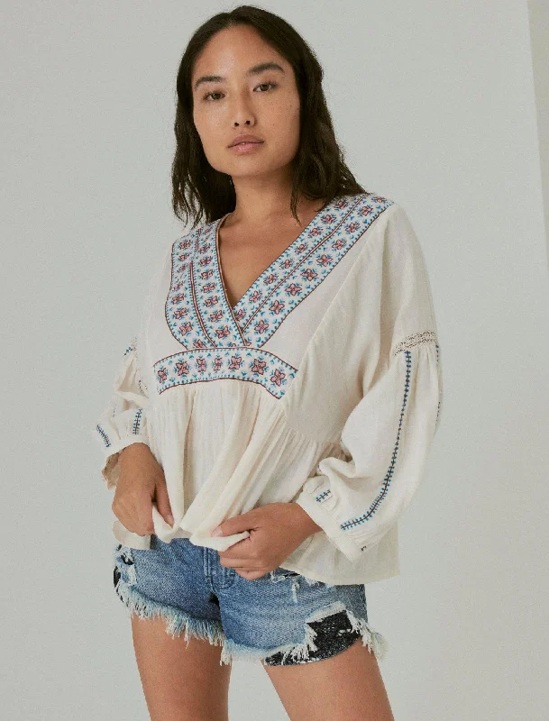 Seasonal Picks Lucky Brand Women's Embroidered V Neck Peasant Blouse
