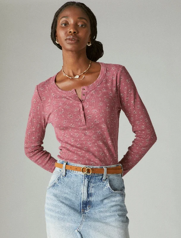 Season Sale Lucky Brand Women's Long Sleeve Ribbed Snap Henley