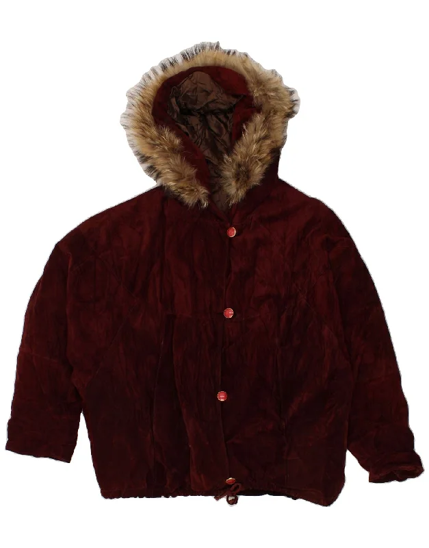 Women's Clothing Online Sale VINTAGE Womens Hooded Suede Jacket UK 16 Large Maroon Leather