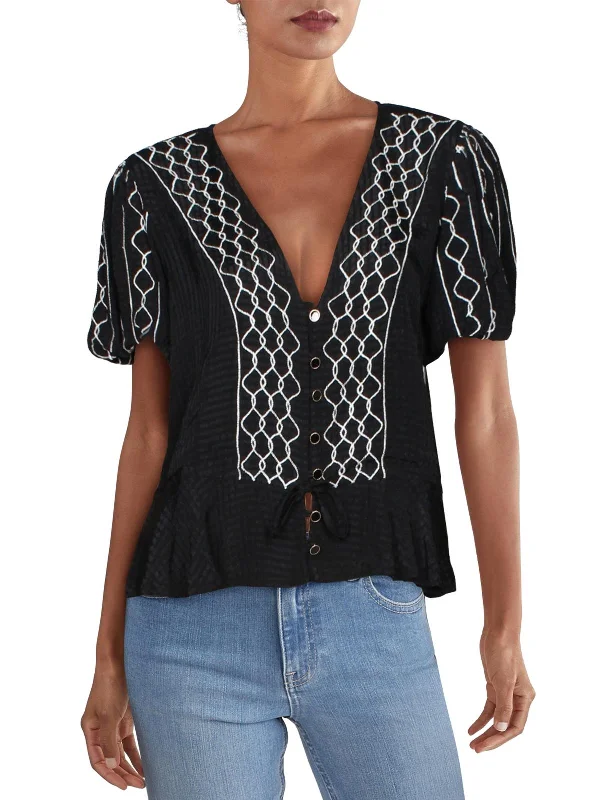 Sleek Style Discounts Marina Date Womens Embroidered V-Neck Blouse