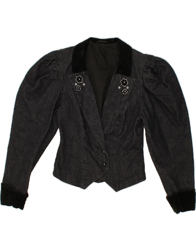 Women's Formal Apparel VINTAGE Womens Crop 2 Button Blazer Jacket UK 4 XS Black Floral