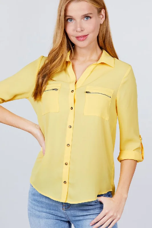Your Favorite Items Now At Unbeatable Prices 3/4 Roll Up Sleeve Pocket W/zipper Detail Woven Blouse