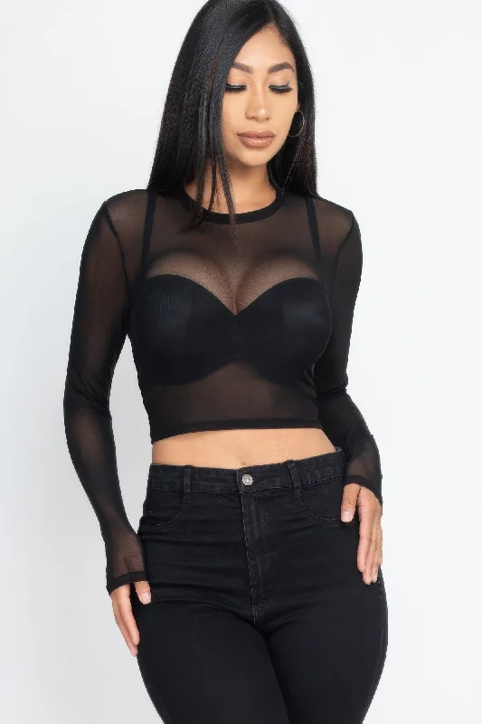 Great Fashion, Even Better Prices FASHNZFAB Women's Sexy Sheer Mesh Long Sleeve Crop Top