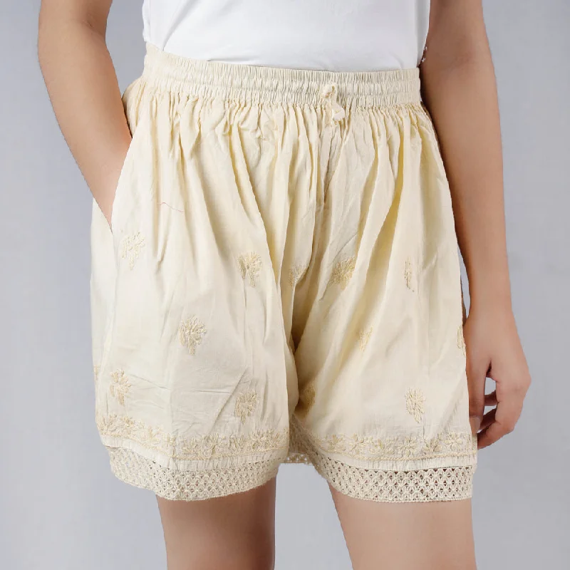 Women's Luxury Attire Yellow - Chikankari Embroidery Cotton Short