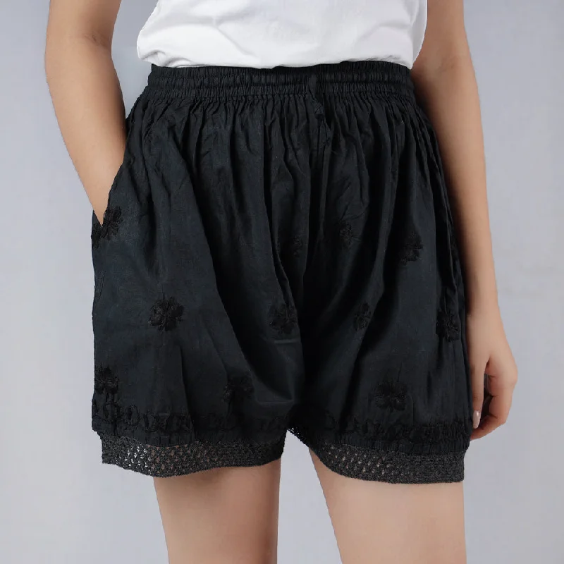 Women's Formal Event Attire Black - Chikankari Embroidery Cotton Short