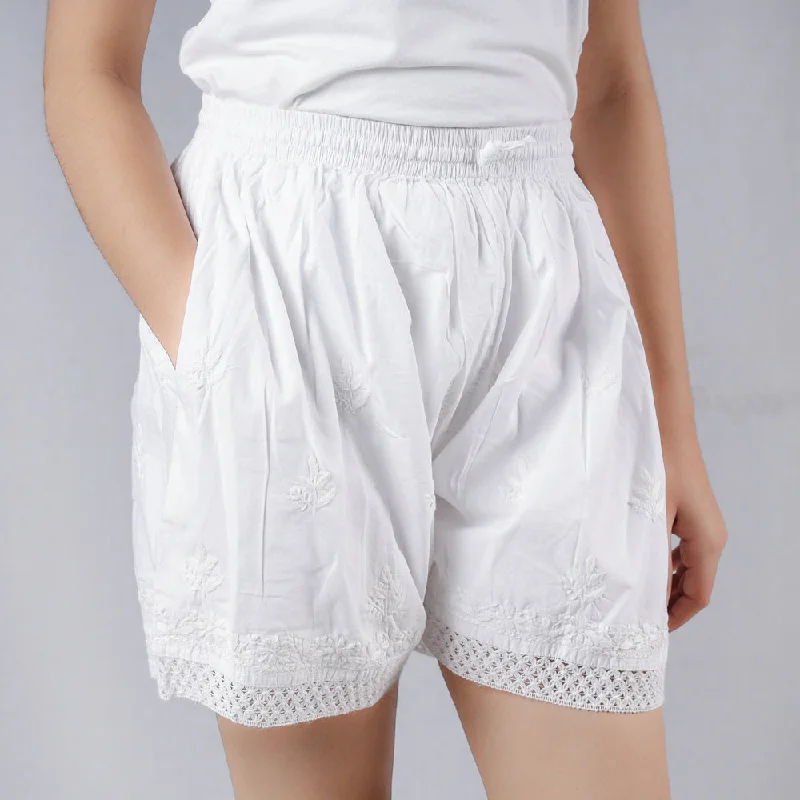 Casual Attire For Women White - Chikankari Embroidery Cotton Short