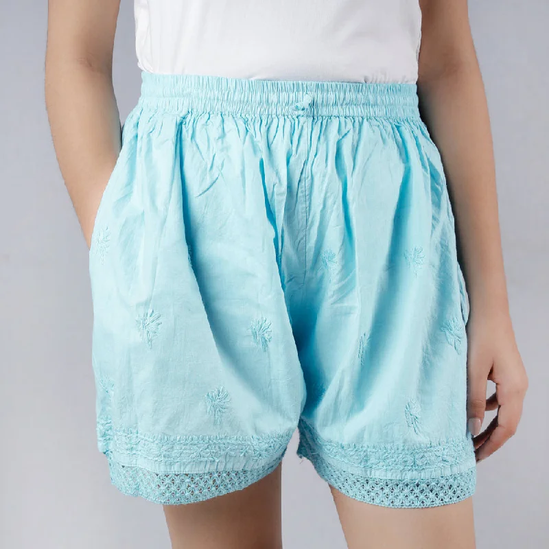 Women's Effortless Casual Outfit Blue - Chikankari Embroidery Cotton Short