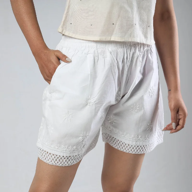 Flash Discount White - Chikankari Hand Embroidered Cotton Short