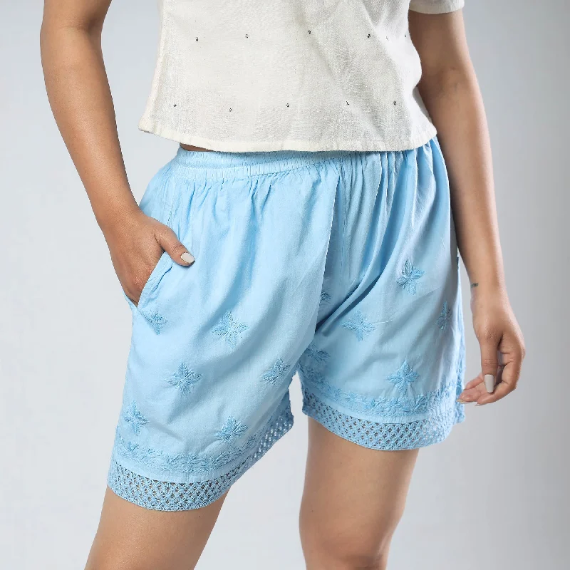 Bold Prints Casual Chic Blue - Chikankari Hand Embroidered Cotton Short