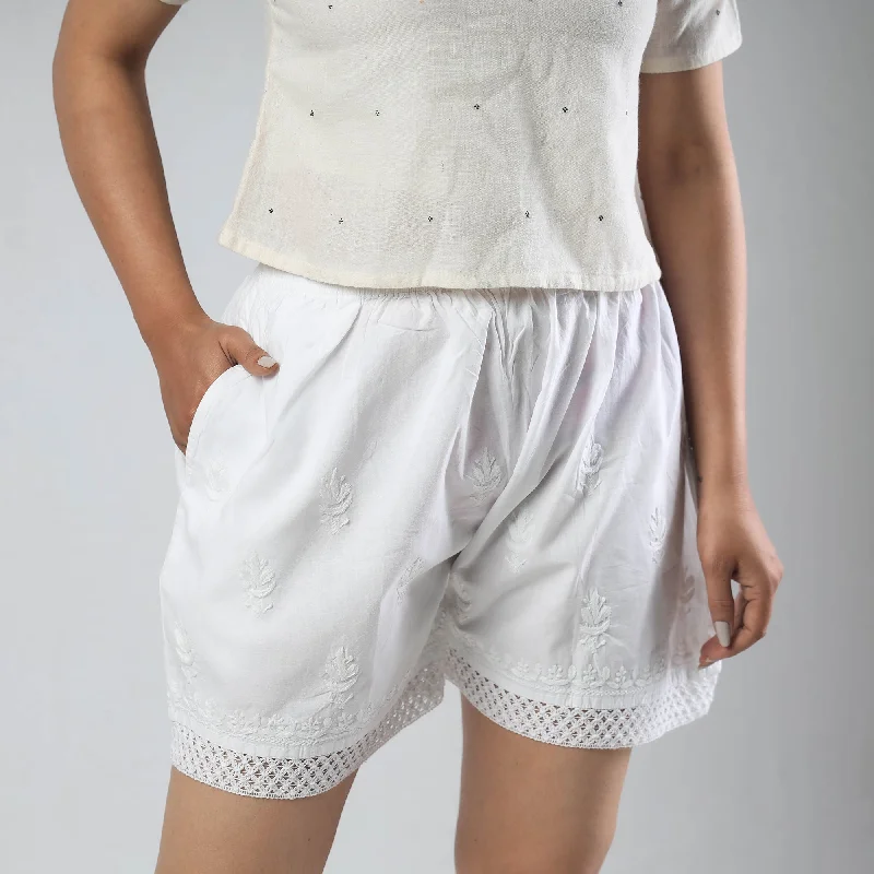 Sale For Women White - Chikankari Hand Embroidered Cotton Short